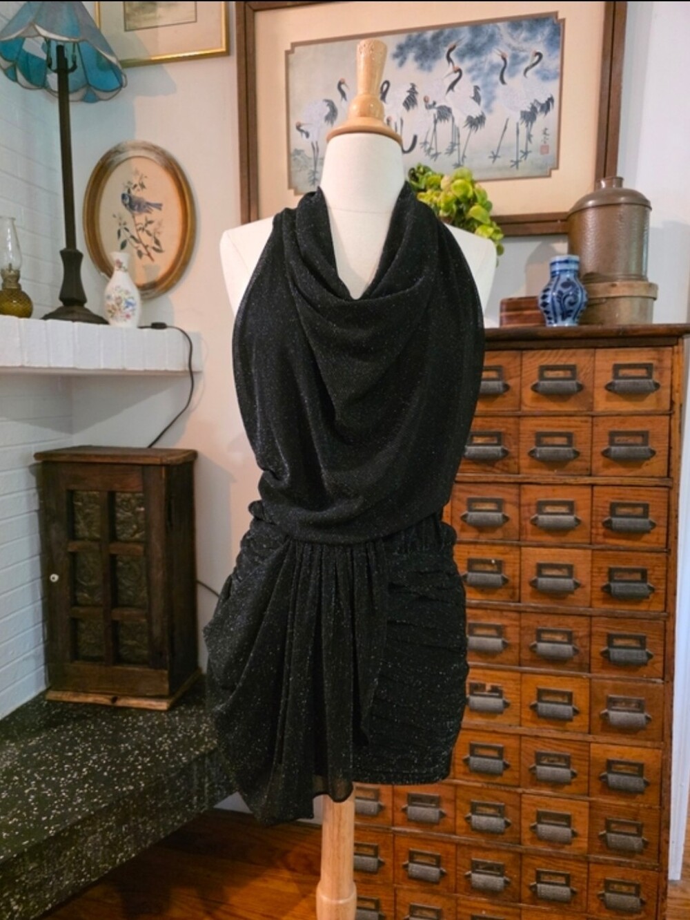 IRO Bazzi Draped Metallic Knit Black Cowl Neck Mini Dress Size 36